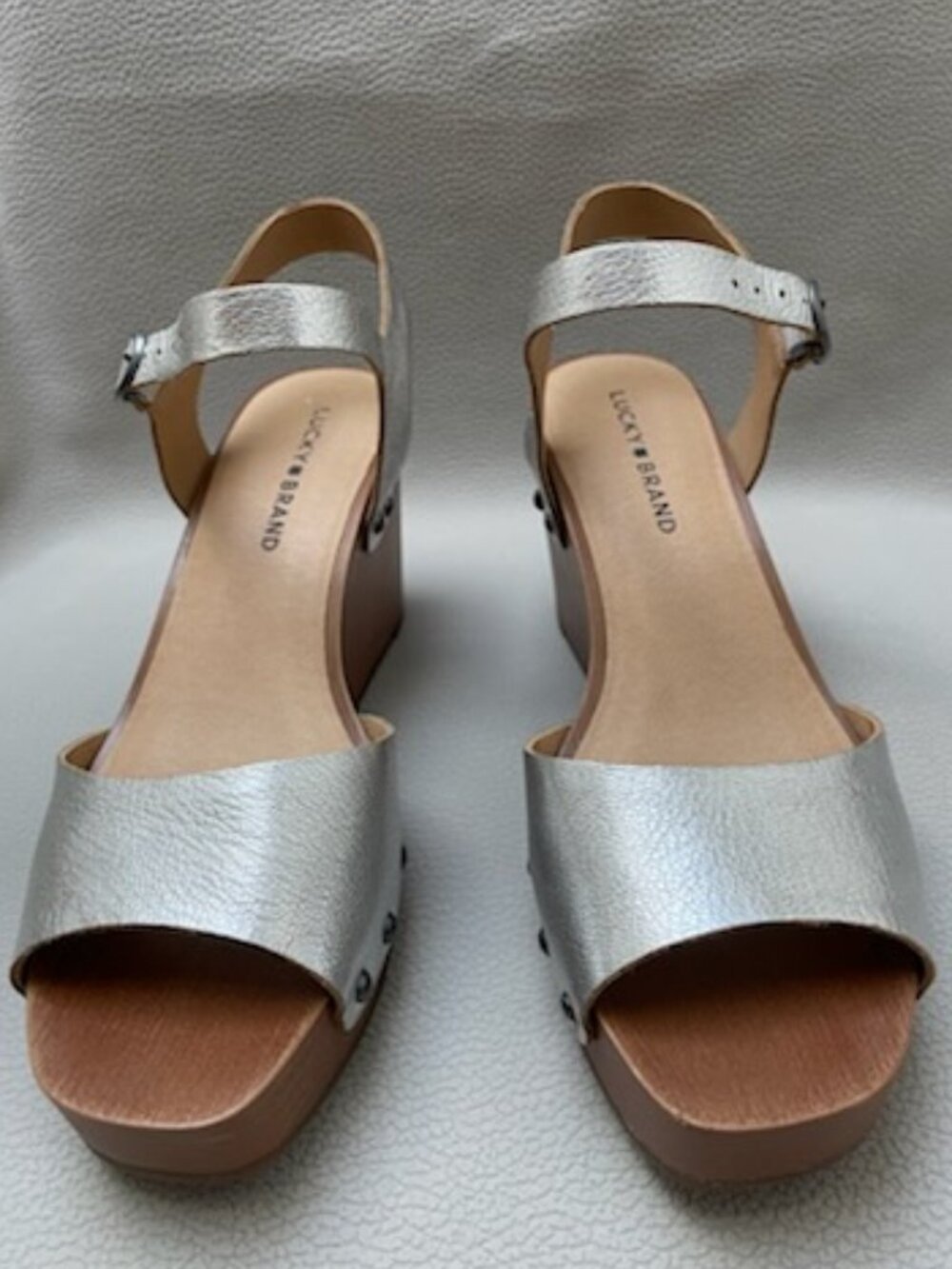 Lucky Brand Silver Leather Platform Wedge Sandals Size 7.5M/38